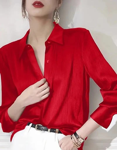 Elegant Women's Red Satin-Finish Shirt