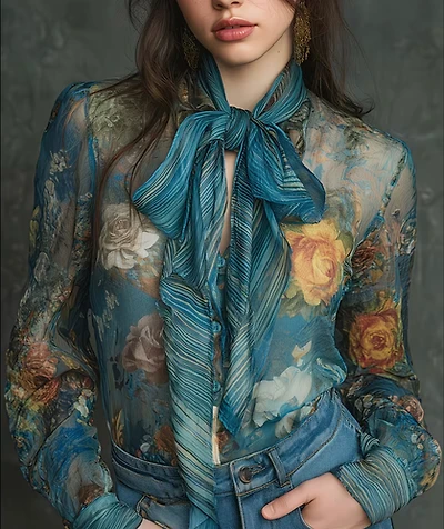 Chiffon Floral Front Tie Blouse