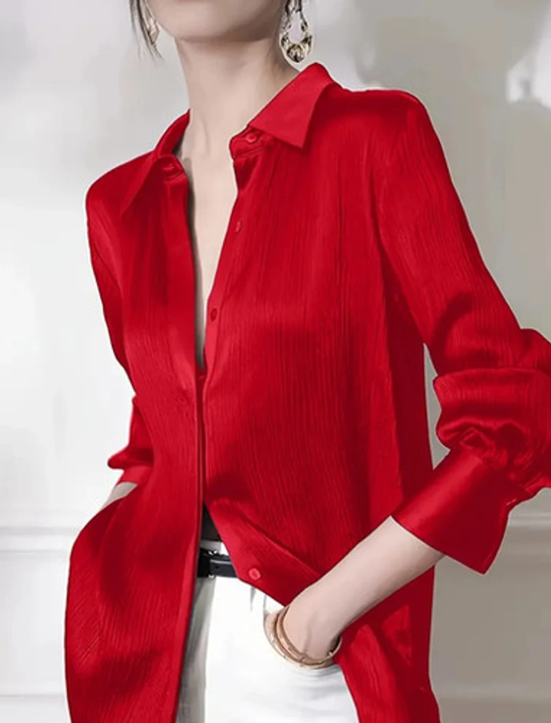 Elegant Women's Red Satin-Finish Shirt