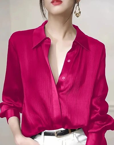 Red Rose Satin Long Sleeve Blouse