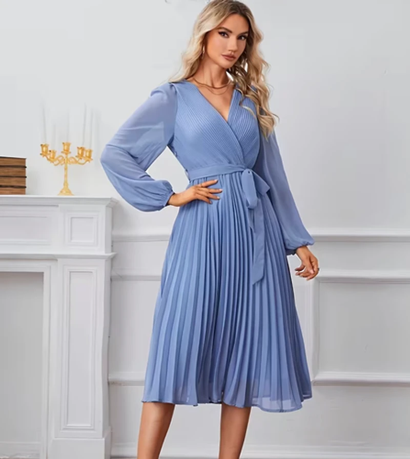 Light Blue V-Neck Detail Long Sleeve Dress