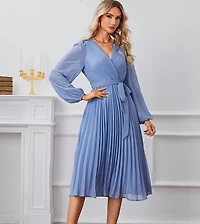 Light Blue V-Neck Detail Long Sleeve Dress