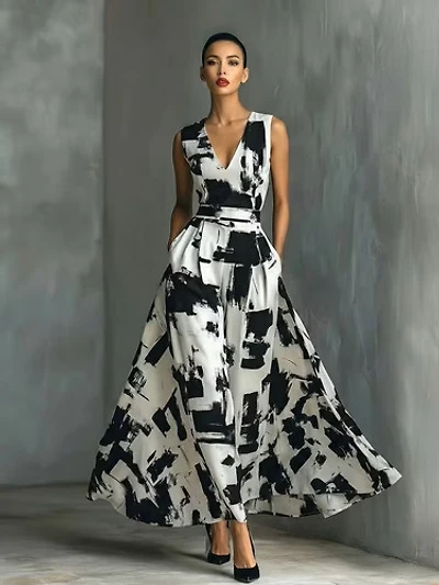 Elegant Abstract Art Print V-Neck Dress