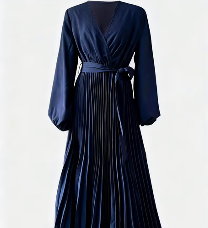 Navy V-Neck Pleated Tie Dress