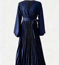 Navy V-Neck Pleated Tie Dress