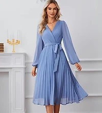 Light Blue V-Neck Detail Long Sleeve Dress