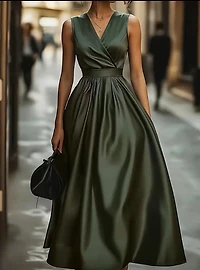 Olive Green Satin V-Neck Dress