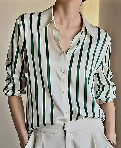 Vintage French Green Satin Striped Blouse