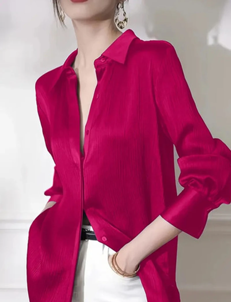 Red Rose Satin Long Sleeve Blouse