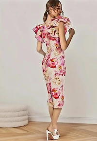 Floral Print Bodycon Dress - Sleeveless, Ruffle Detail