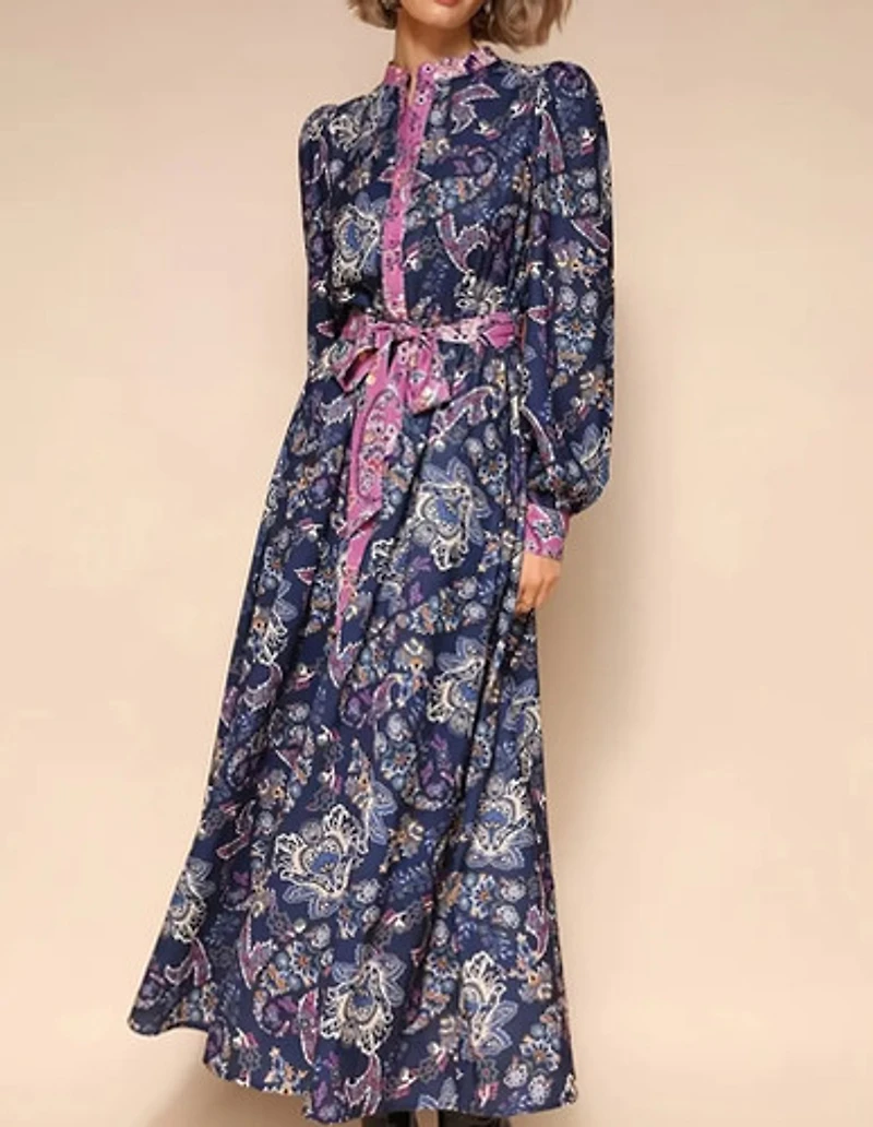 Stand-Up Collar Printed Long Sleeve Dress
