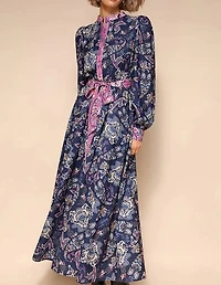 Stand-Up Collar Printed Long Sleeve Dress