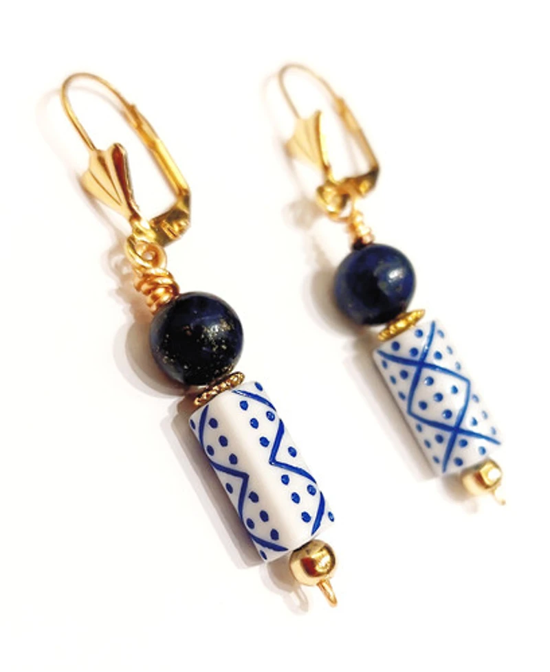 Chinese Porcelain & Blue Lapis Lasuli Earring