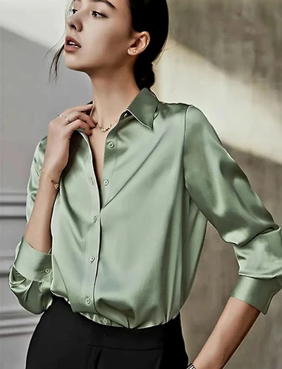 Elegant  Green Satin Long Sleeve Shirts