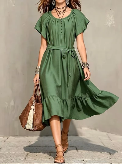 Avocado Green Scoop Neck  Flutter Sleeves Tie Waist
