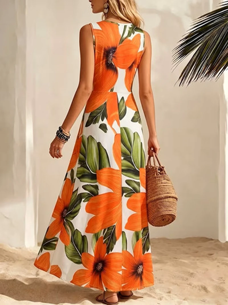 Tropical Floral Print Cinched Waist  V-Neck Long Dress