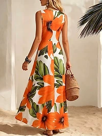 Tropical Floral Print Cinched Waist  V-Neck Long Dress