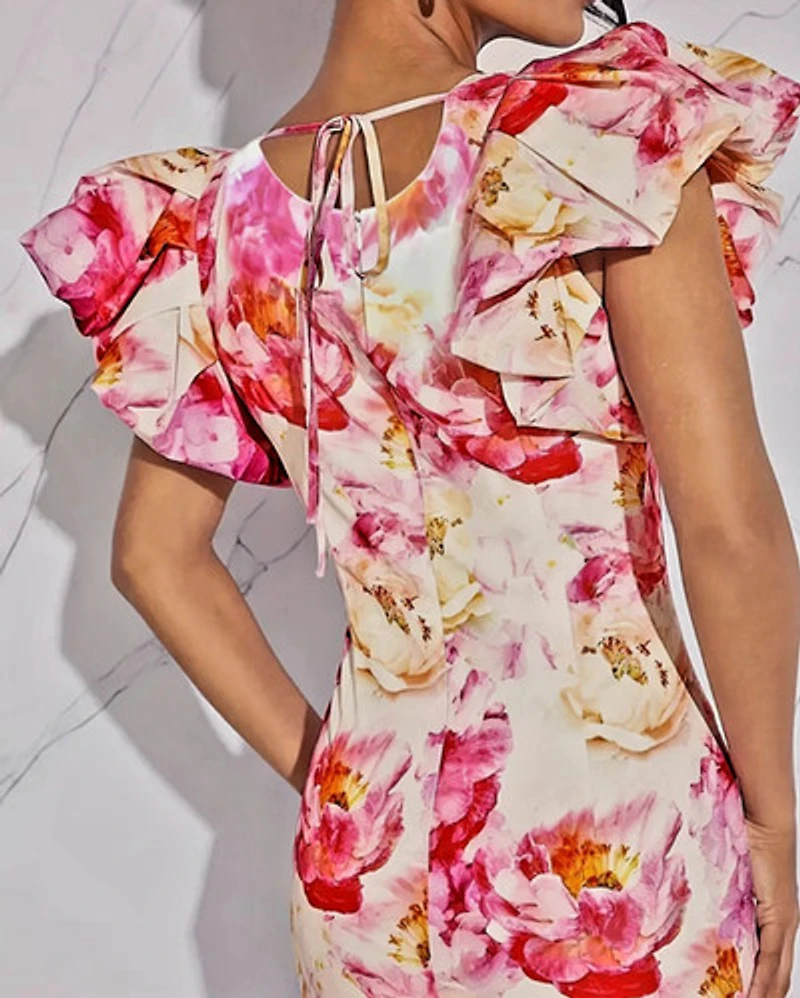 Floral Print Bodycon Dress - Sleeveless, Ruffle Detail