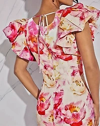 Floral Print Bodycon Dress - Sleeveless, Ruffle Detail