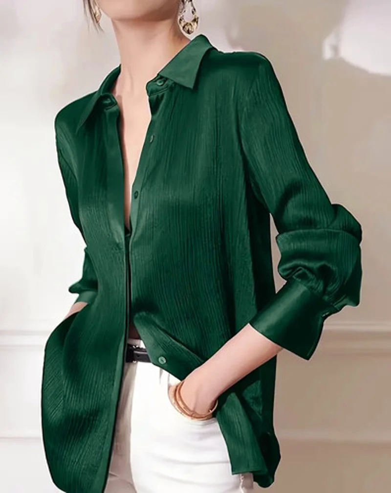 Dark Green  Satin Long Sleeve Blouse