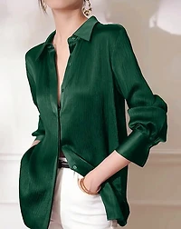 Dark Green  Satin Long Sleeve Blouse
