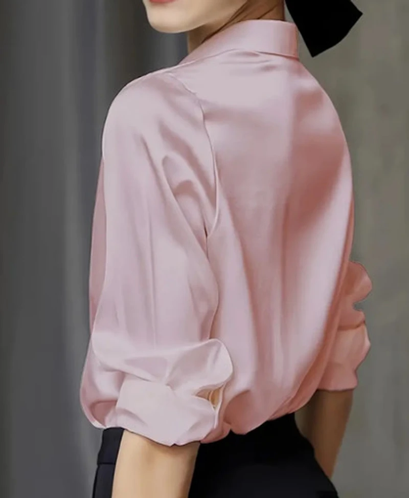 Elegant  Light Pink Satin Long Sleeve Shirt
