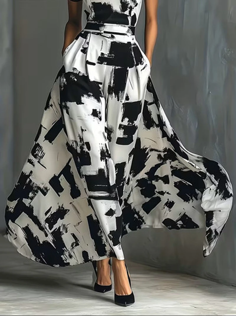 Elegant Abstract Art Print V-Neck Dress
