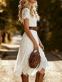 Fitted White Lace Midi Dress Short SleeveDress