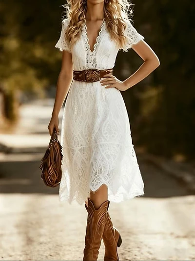 Fitted White Lace Midi Dress Short SleeveDress