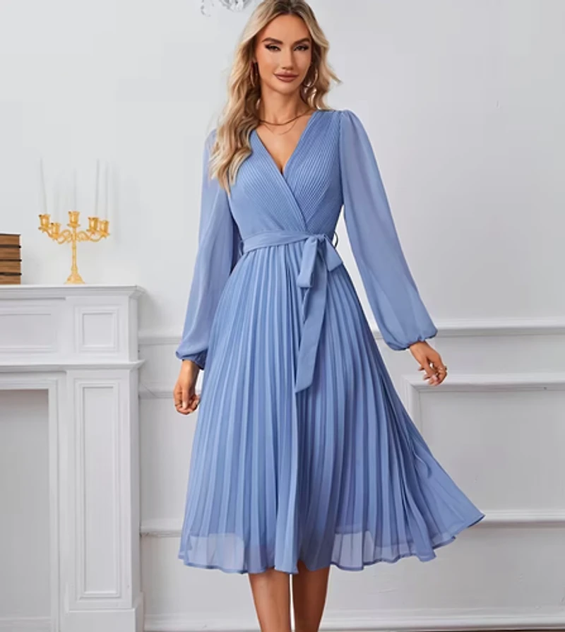 Light Blue V-Neck Detail Long Sleeve Dress