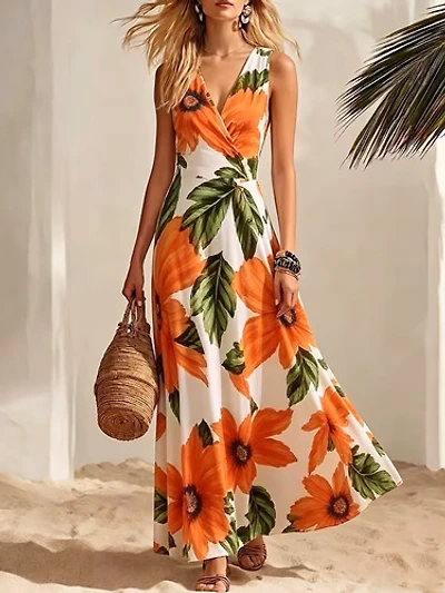 Tropical Floral Print Cinched Waist  V-Neck Long Dress
