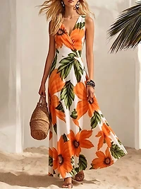 Tropical Floral Print Cinched Waist  V-Neck Long Dress