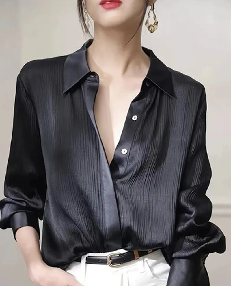 Black Satin Long Sleeve Blouse