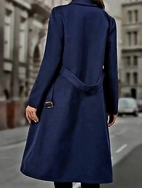 Double-Breasted Belted Overcoat -DARK NAVY BLUE