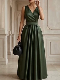Olive Green Satin V-Neck Dress