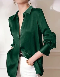Dark Green  Satin Long Sleeve Blouse