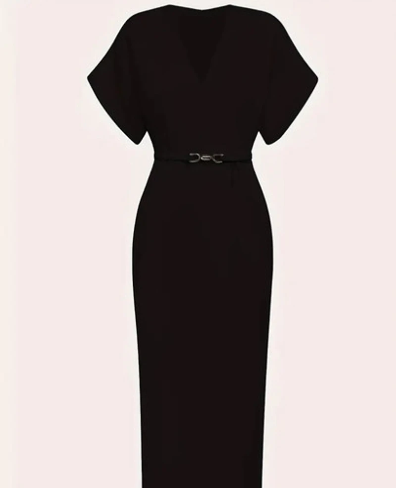 Elegant V-neck line Midi Dress with Belt