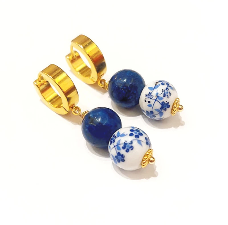 Blue Lapis Lasuli & Floral Porcelain Earring 