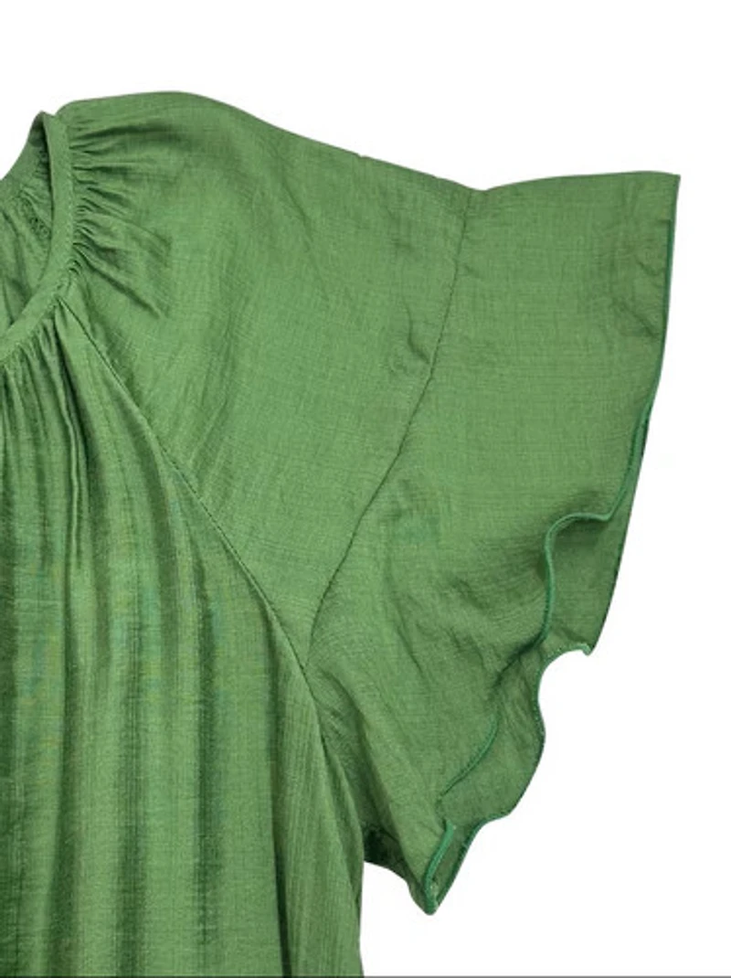 Avocado Green Scoop Neck  Flutter Sleeves Tie Waist