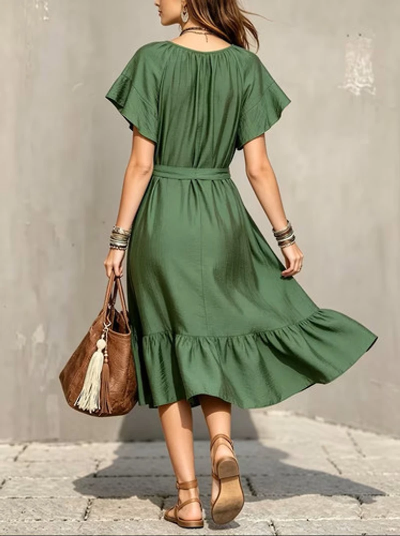 Avocado Green Scoop Neck  Flutter Sleeves Tie Waist