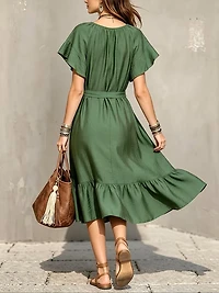 Avocado Green Scoop Neck  Flutter Sleeves Tie Waist