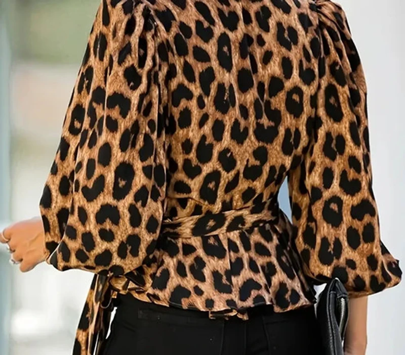 Leopard Print Cross Neck Tie-Front Blouse