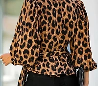 Leopard Print Cross Neck Tie-Front Blouse