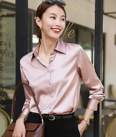 Elegant  Light Pink Satin Long Sleeve Shirt