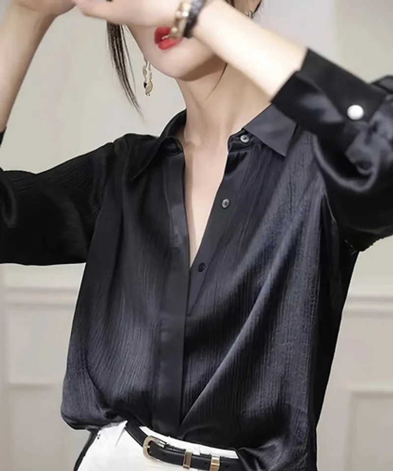 Black Satin Long Sleeve Blouse