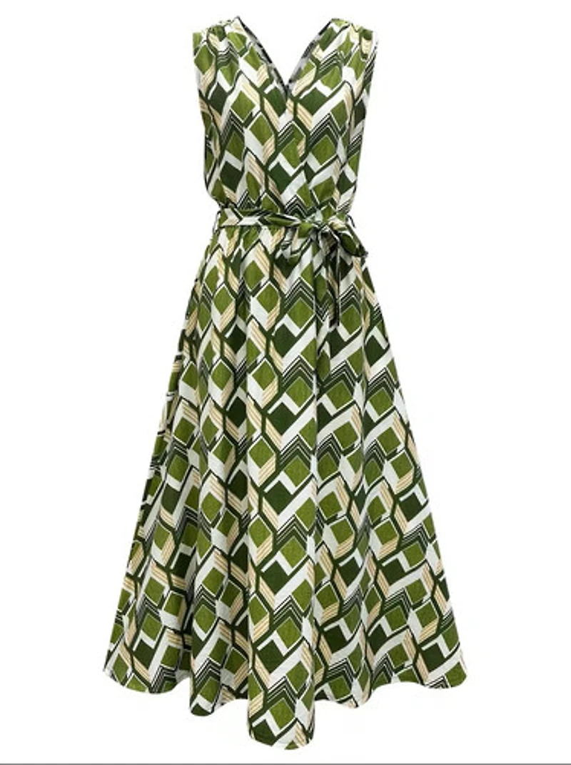 Geometric Print V-Neck Sleeveless Waist-Cinching Tie-Up Dress