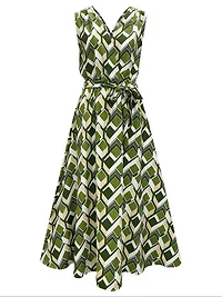Geometric Print V-Neck Sleeveless Waist-Cinching Tie-Up Dress
