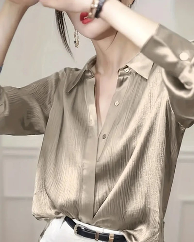 Light Gold Satin Long Sleeve Blouse