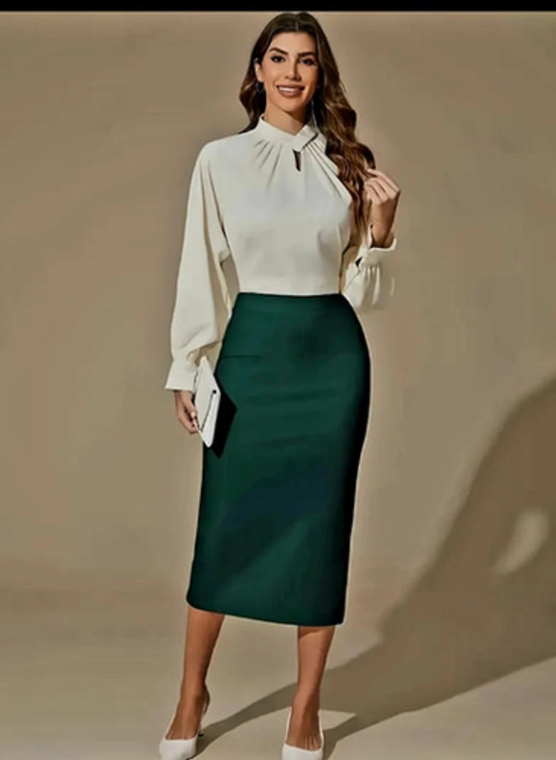 Elegant Midi Pencil Skirt-Dark Green