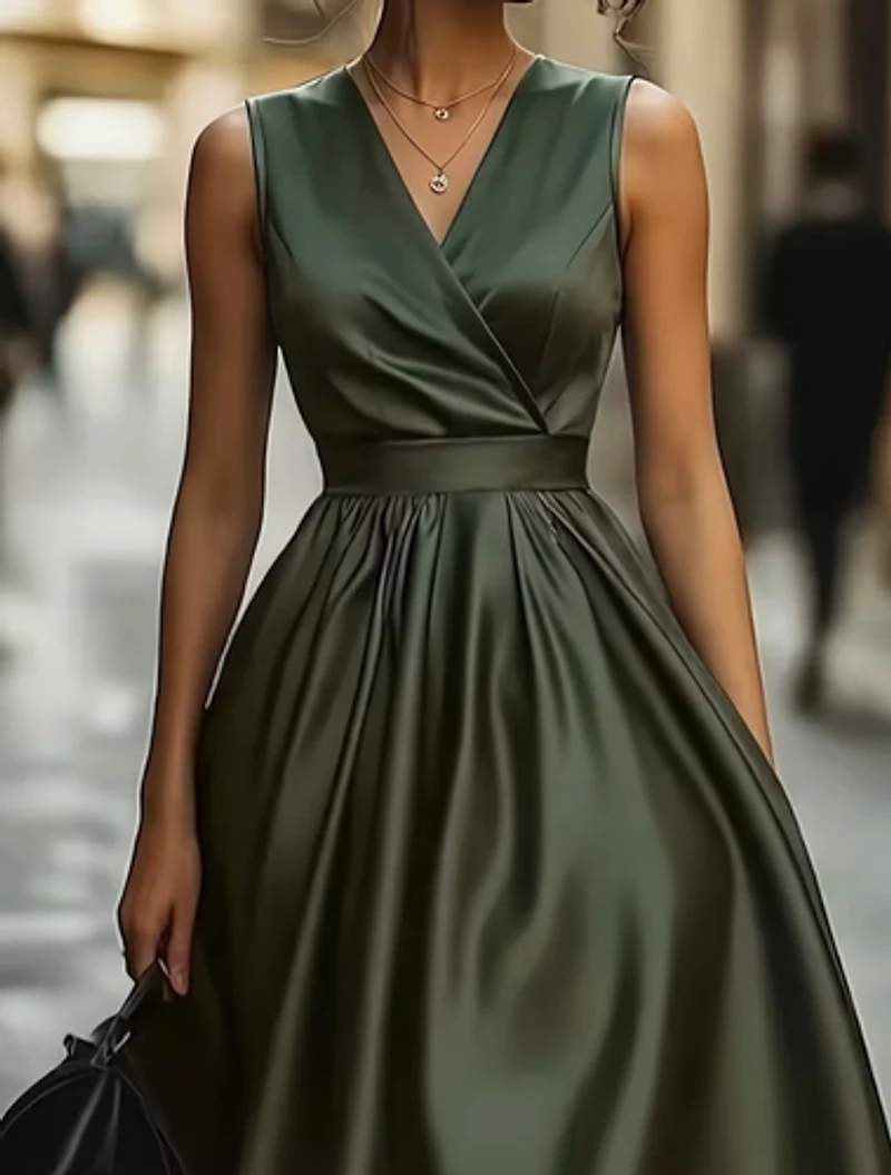 Olive Green Satin V-Neck Dress